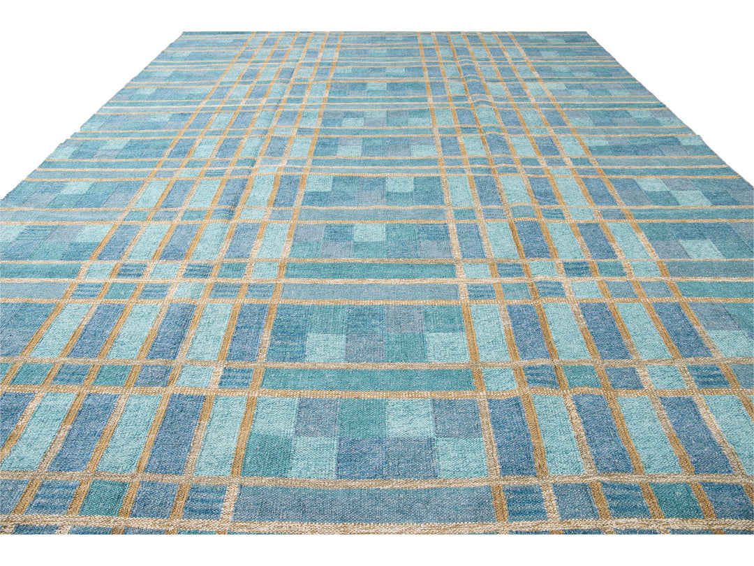 Contemporary Swedish Style Blue Handmade Geometric Pattern Oversize Wool Rug