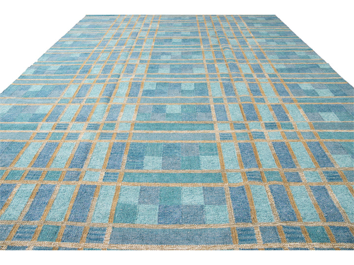 Contemporary Swedish Style Blue Handmade Geometric Pattern Oversize Wool Rug