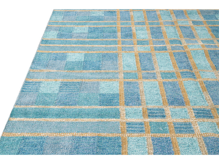 Contemporary Swedish Style Blue Handmade Geometric Pattern Oversize Wool Rug