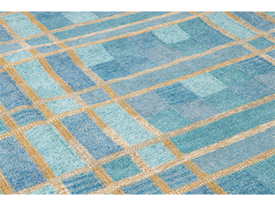 Contemporary Swedish Style Blue Handmade Geometric Pattern Oversize Wool Rug