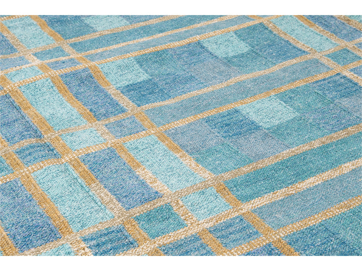 Contemporary Swedish Style Blue Handmade Geometric Pattern Oversize Wool Rug