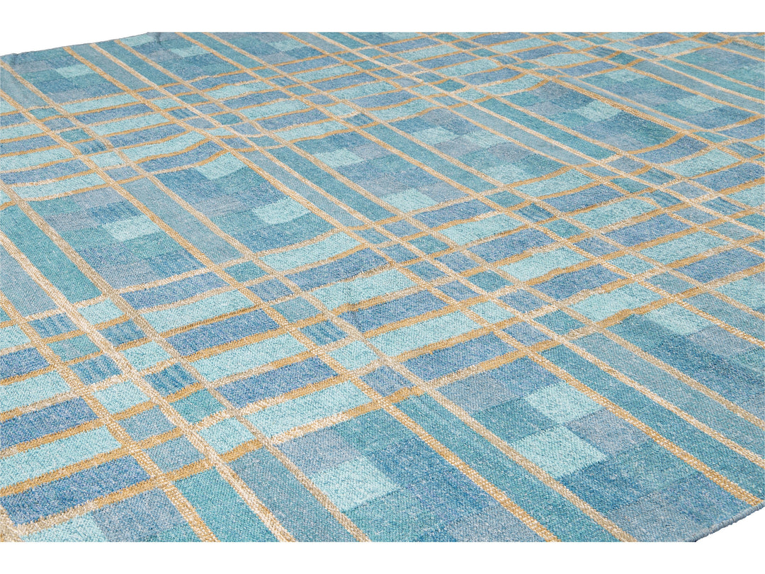 Contemporary Swedish Style Blue Handmade Geometric Pattern Oversize Wool Rug
