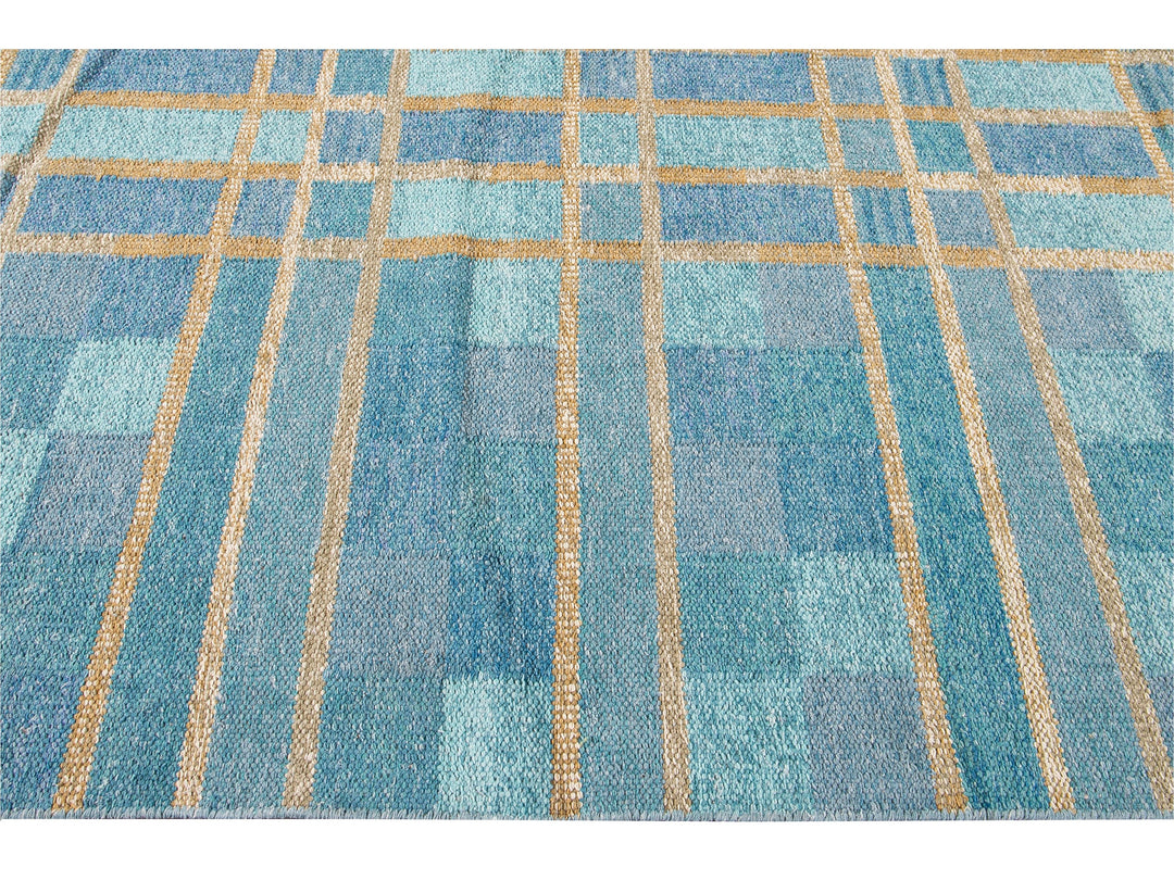 Contemporary Swedish Style Blue Handmade Geometric Pattern Oversize Wool Rug