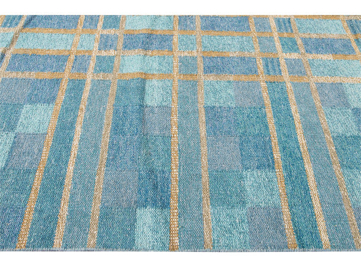 Contemporary Swedish Style Blue Handmade Geometric Pattern Oversize Wool Rug