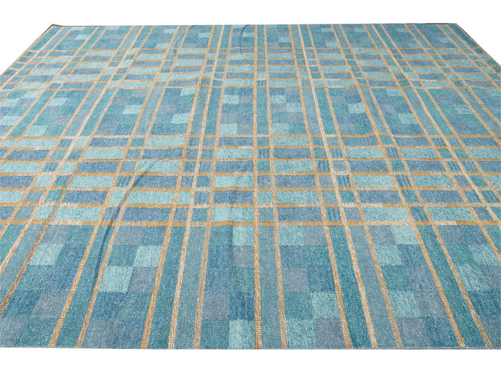 Contemporary Swedish Style Blue Handmade Geometric Pattern Oversize Wool Rug