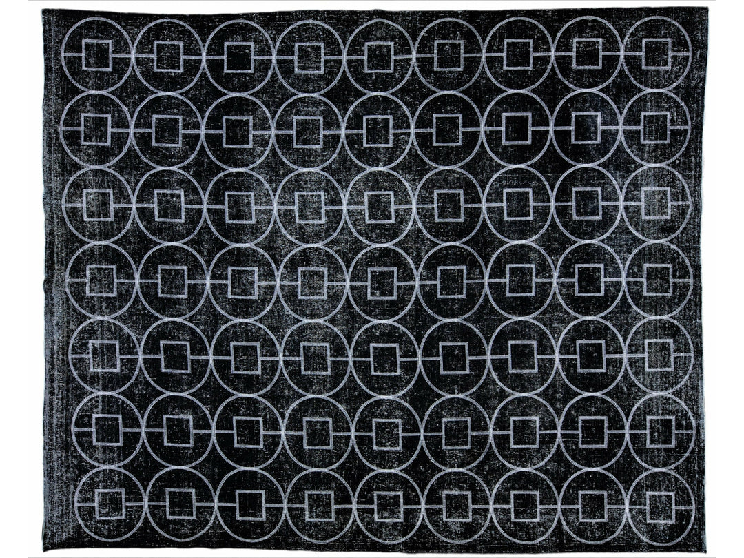 Black Modern Turkish Handmade Geometric Pattern Wool Rug