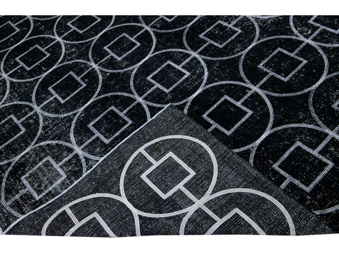 Black Modern Turkish Handmade Geometric Pattern Wool Rug