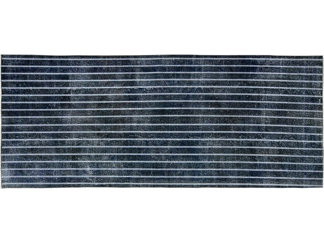 Modern Turkish Handmade Striped Motif Navy Blue Wool Gallery Rug