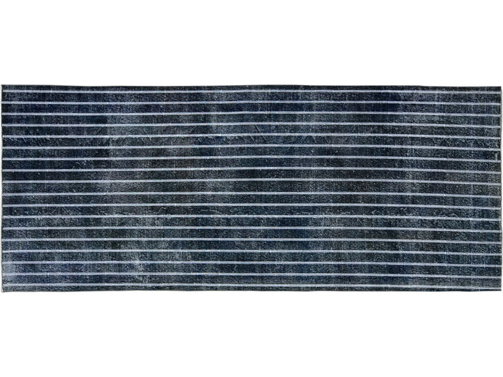 Modern Turkish Handmade Striped Motif Navy Blue Wool Gallery Rug