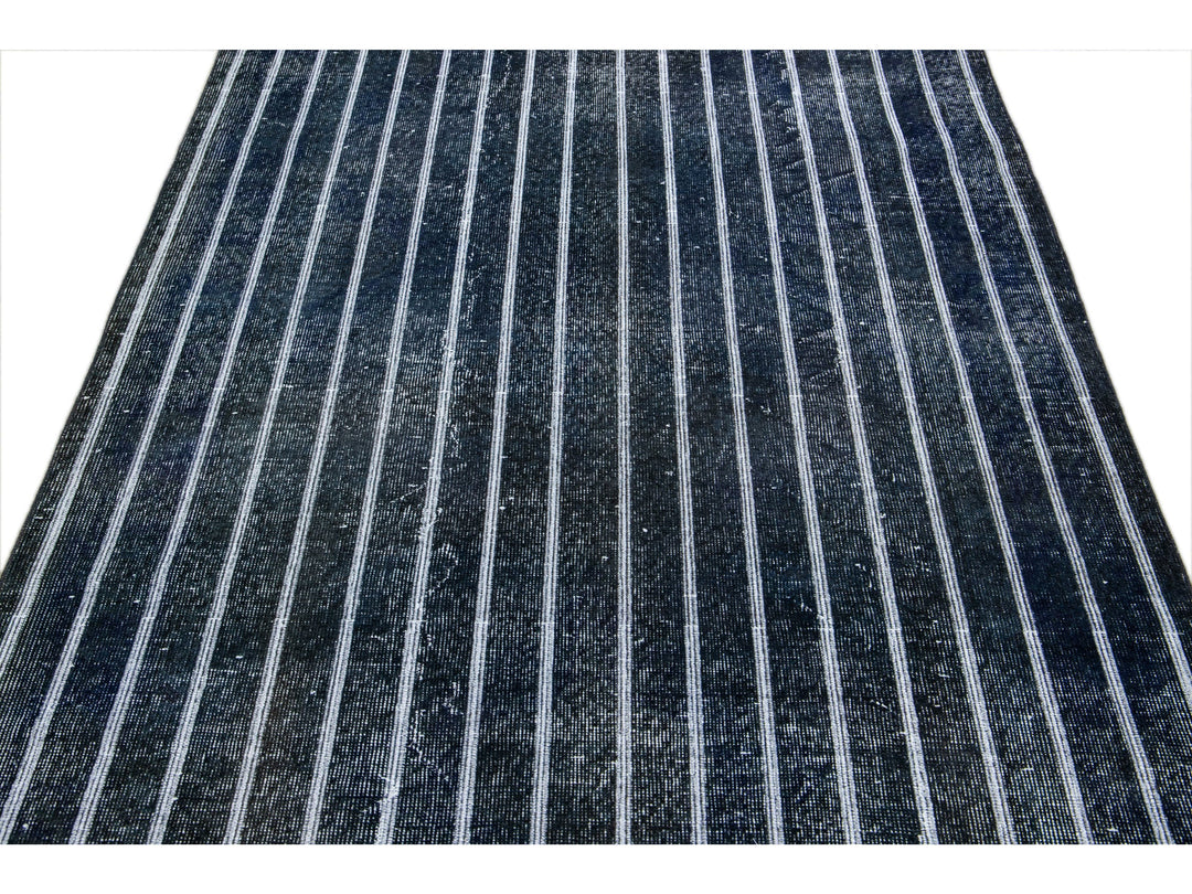 Modern Turkish Handmade Striped Motif Navy Blue Wool Gallery Rug