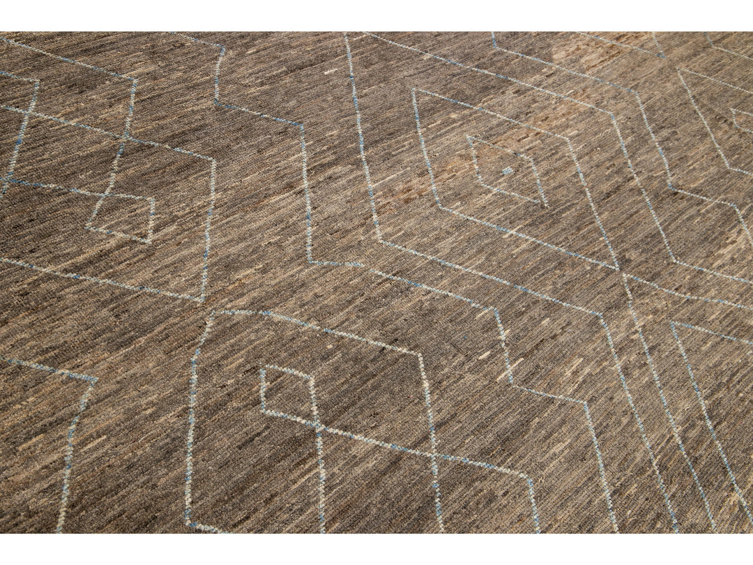Modern Moroccan Style Handmade Geometric Pattern Brown Wool Rug