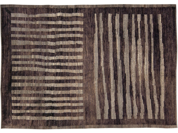 Modern Moroccan Style Brown Handmade Striped Motif Wool Rug