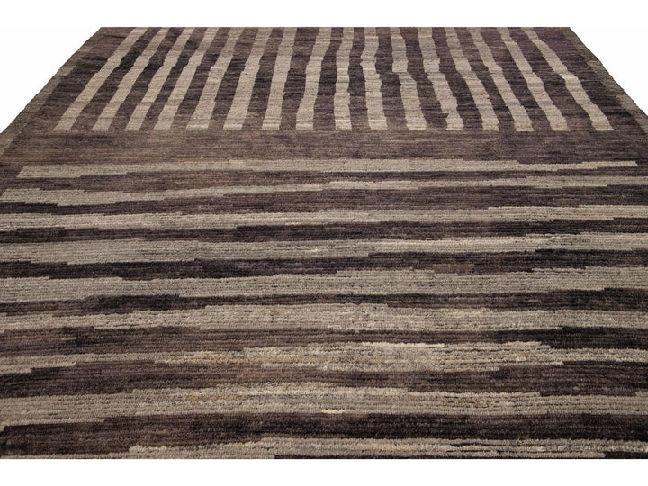 Modern Moroccan Style Brown Handmade Striped Motif Wool Rug