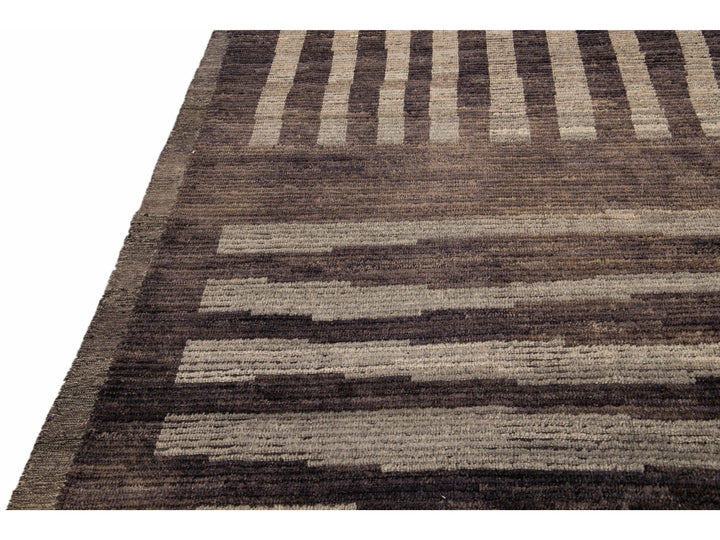Modern Moroccan Style Brown Handmade Striped Motif Wool Rug