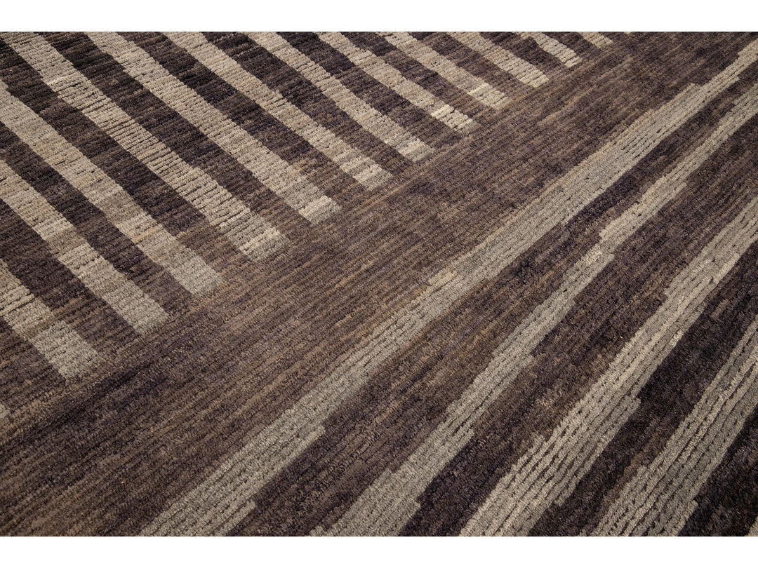 Modern Moroccan Style Brown Handmade Striped Motif Wool Rug