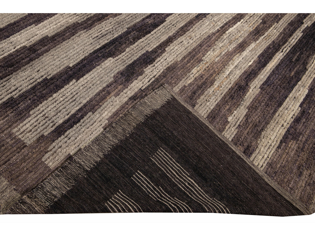 Modern Moroccan Style Brown Handmade Striped Motif Wool Rug