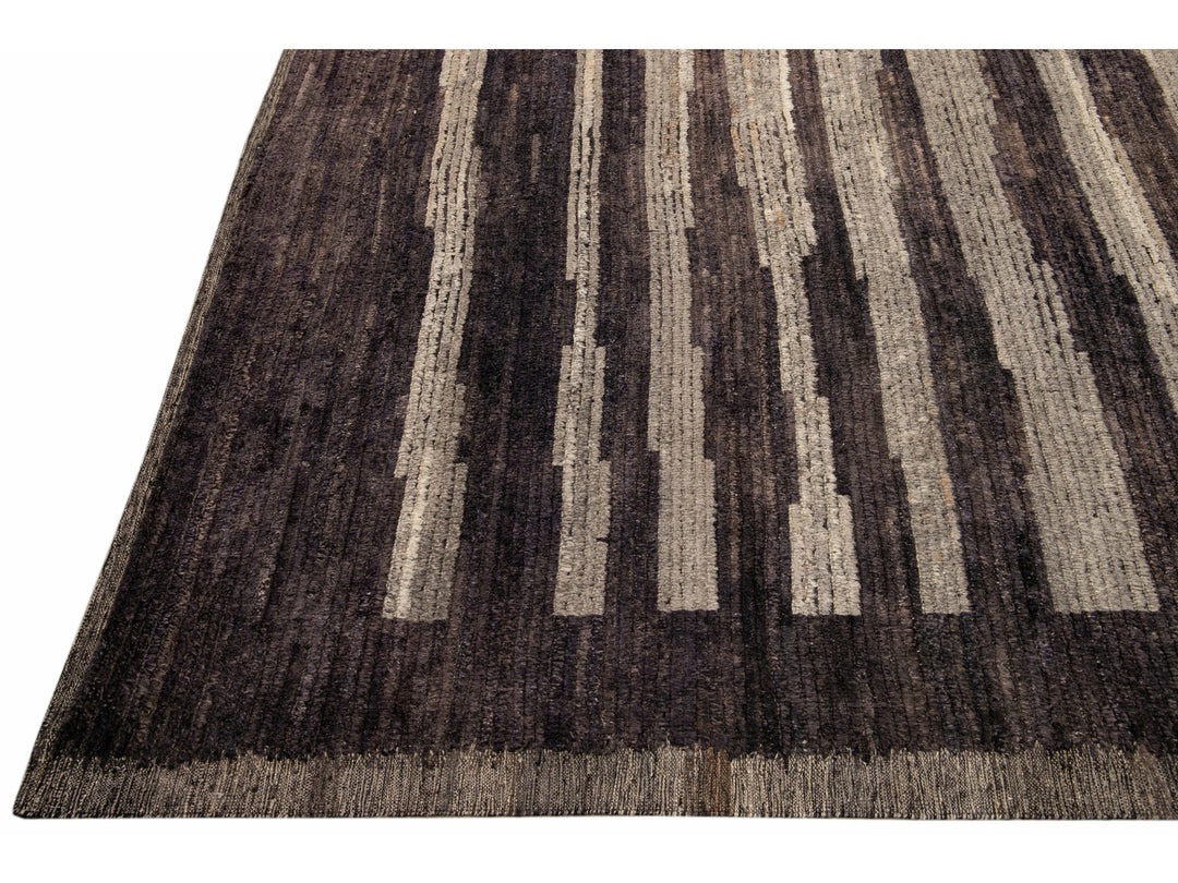 Modern Moroccan Style Brown Handmade Striped Motif Wool Rug
