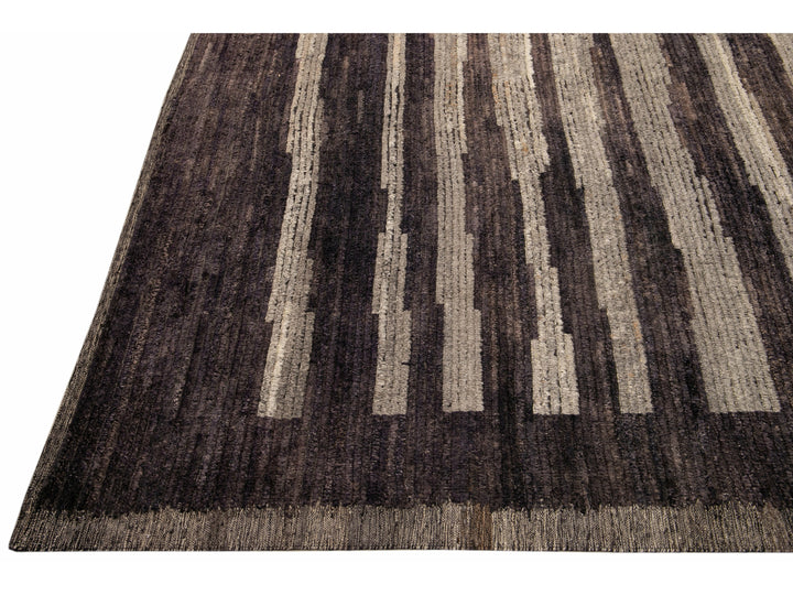 Modern Moroccan Style Brown Handmade Striped Motif Wool Rug