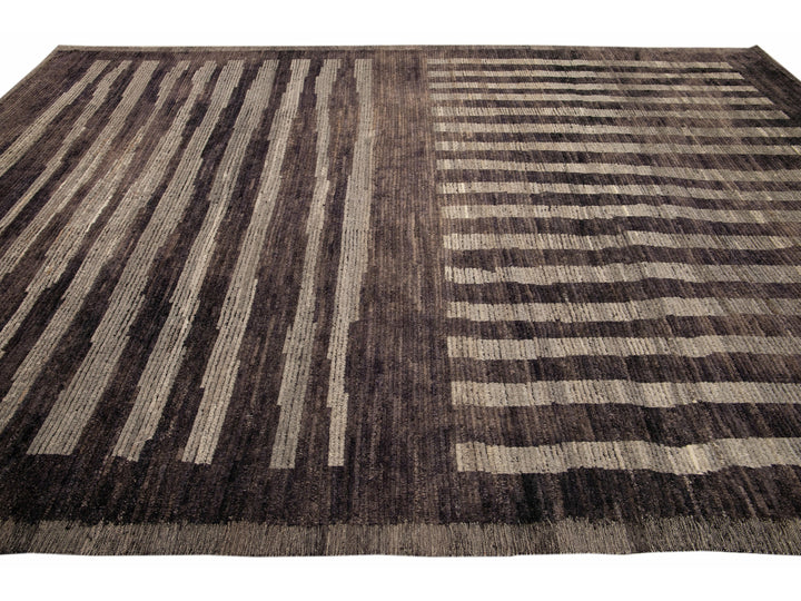 Modern Moroccan Style Brown Handmade Striped Motif Wool Rug