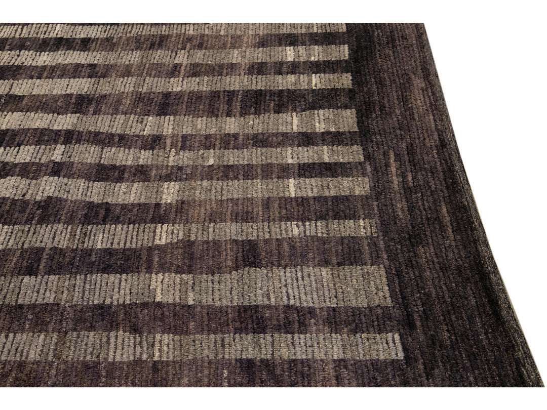 Modern Moroccan Style Brown Handmade Striped Motif Wool Rug