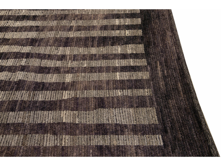 Modern Moroccan Style Brown Handmade Striped Motif Wool Rug
