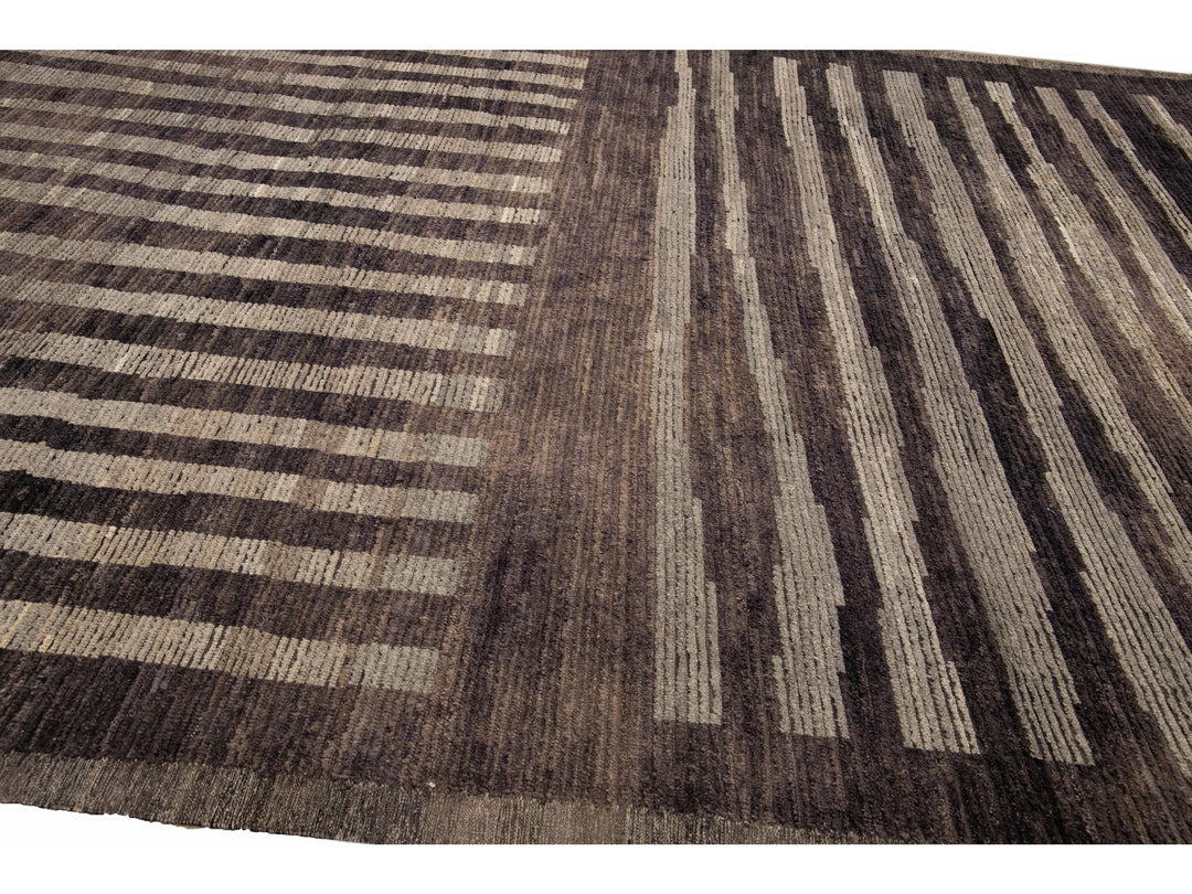 Modern Moroccan Style Brown Handmade Striped Motif Wool Rug