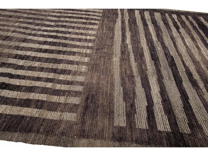 Modern Moroccan Style Brown Handmade Striped Motif Wool Rug