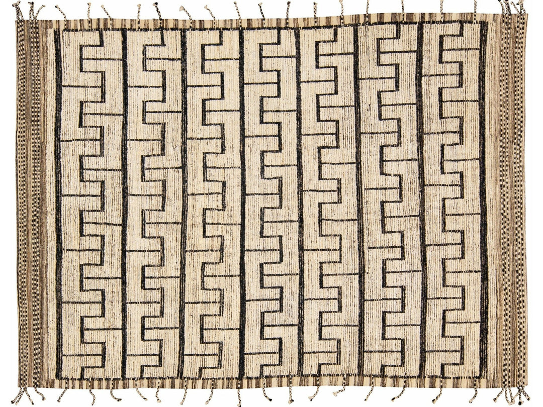 Beige Modern Moroccan Style Handmade Black Boho Pattern Wool Rug