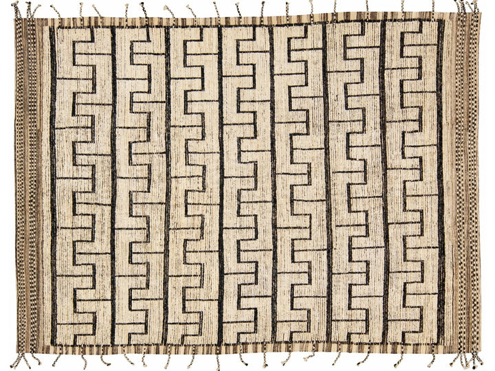 Beige Modern Moroccan Style Handmade Black Boho Pattern Wool Rug