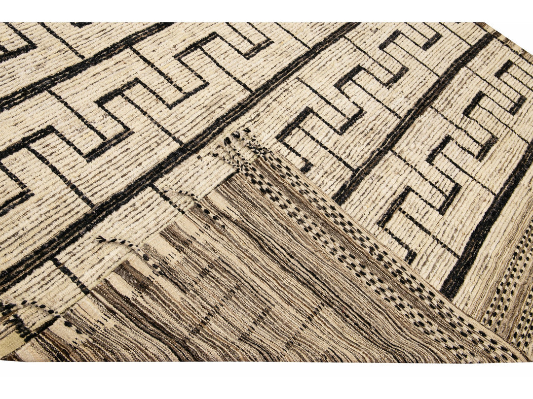 Beige Modern Moroccan Style Handmade Black Boho Pattern Wool Rug