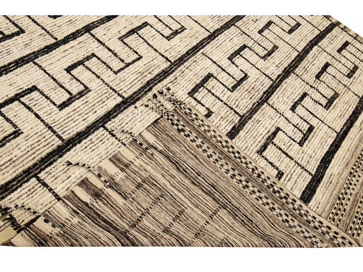 Beige Modern Moroccan Style Handmade Black Boho Pattern Wool Rug