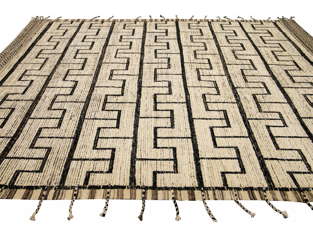 Beige Modern Moroccan Style Handmade Black Boho Pattern Wool Rug