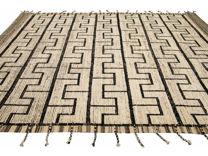 Beige Modern Moroccan Style Handmade Black Boho Pattern Wool Rug