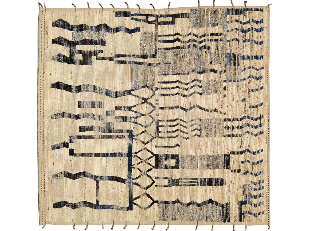Modern Boho Beige Moroccan Style Handmade Tribal Pattern Square Wool Rug