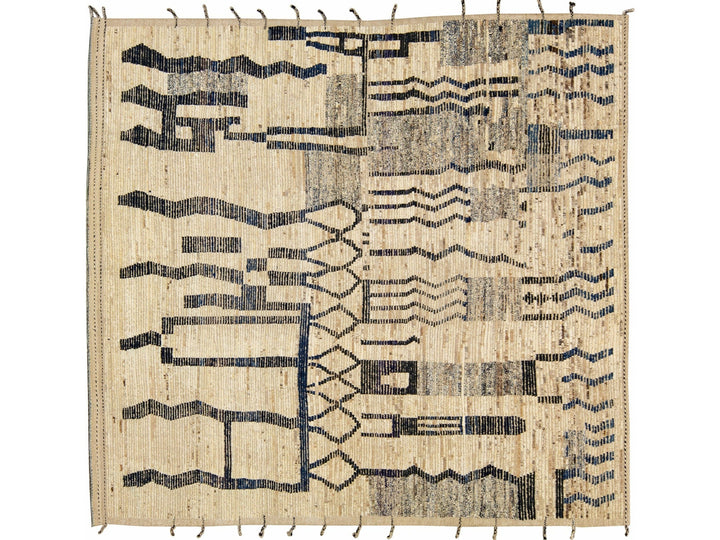 Modern Boho Beige Moroccan Style Handmade Tribal Pattern Square Wool Rug