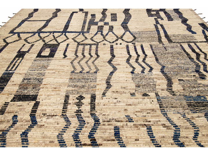 Modern Boho Beige Moroccan Style Handmade Tribal Pattern Square Wool Rug