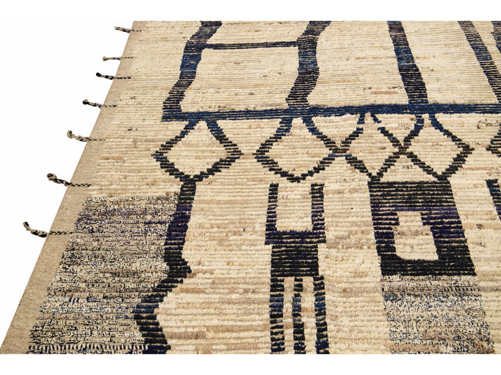 Modern Boho Beige Moroccan Style Handmade Tribal Pattern Square Wool Rug