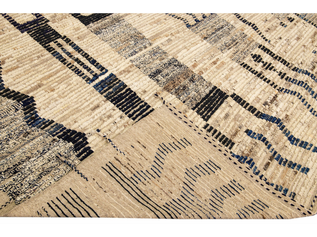 Modern Boho Beige Moroccan Style Handmade Tribal Pattern Square Wool Rug