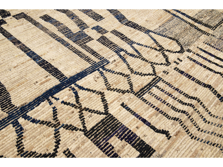 Modern Boho Beige Moroccan Style Handmade Tribal Pattern Square Wool Rug