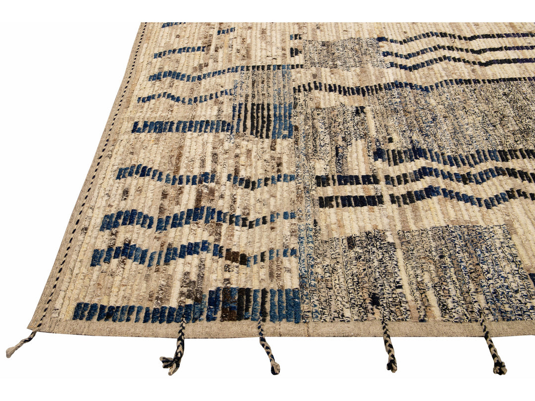 Modern Boho Beige Moroccan Style Handmade Tribal Pattern Square Wool Rug