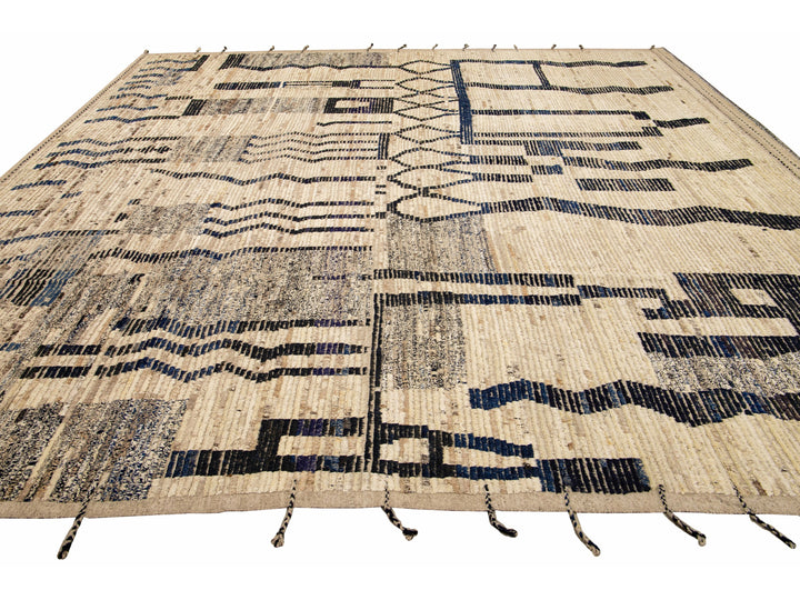 Modern Boho Beige Moroccan Style Handmade Tribal Pattern Square Wool Rug