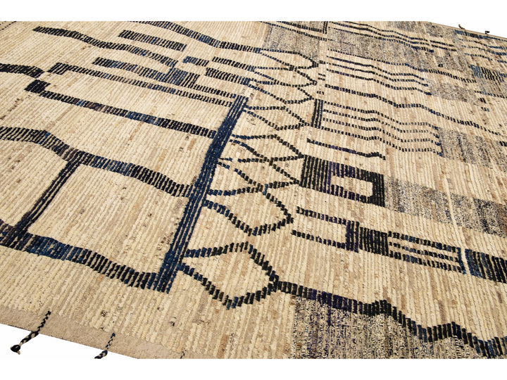 Modern Boho Beige Moroccan Style Handmade Tribal Pattern Square Wool Rug