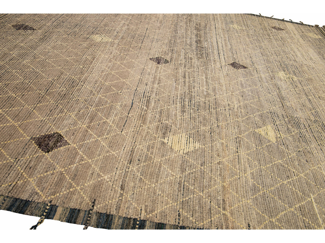 Modern Brown Moroccan Style Handmade Diamond Pattern Oversize Wool Rug