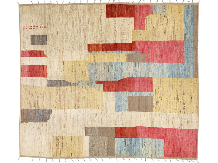 Modern Moroccan Style Handmade Multicolor Abstract Motif Boho Oversize Wool Rug