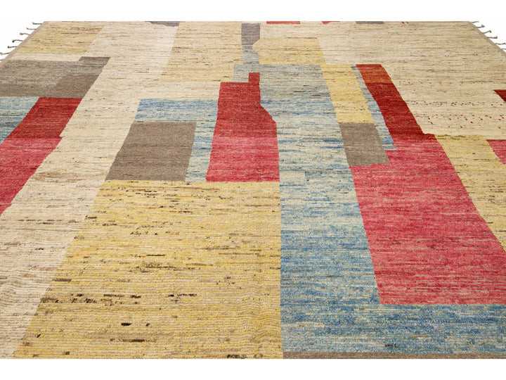 Modern Moroccan Style Handmade Multicolor Abstract Motif Boho Oversize Wool Rug