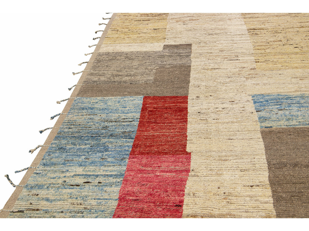 Modern Moroccan Style Handmade Multicolor Abstract Motif Boho Oversize Wool Rug