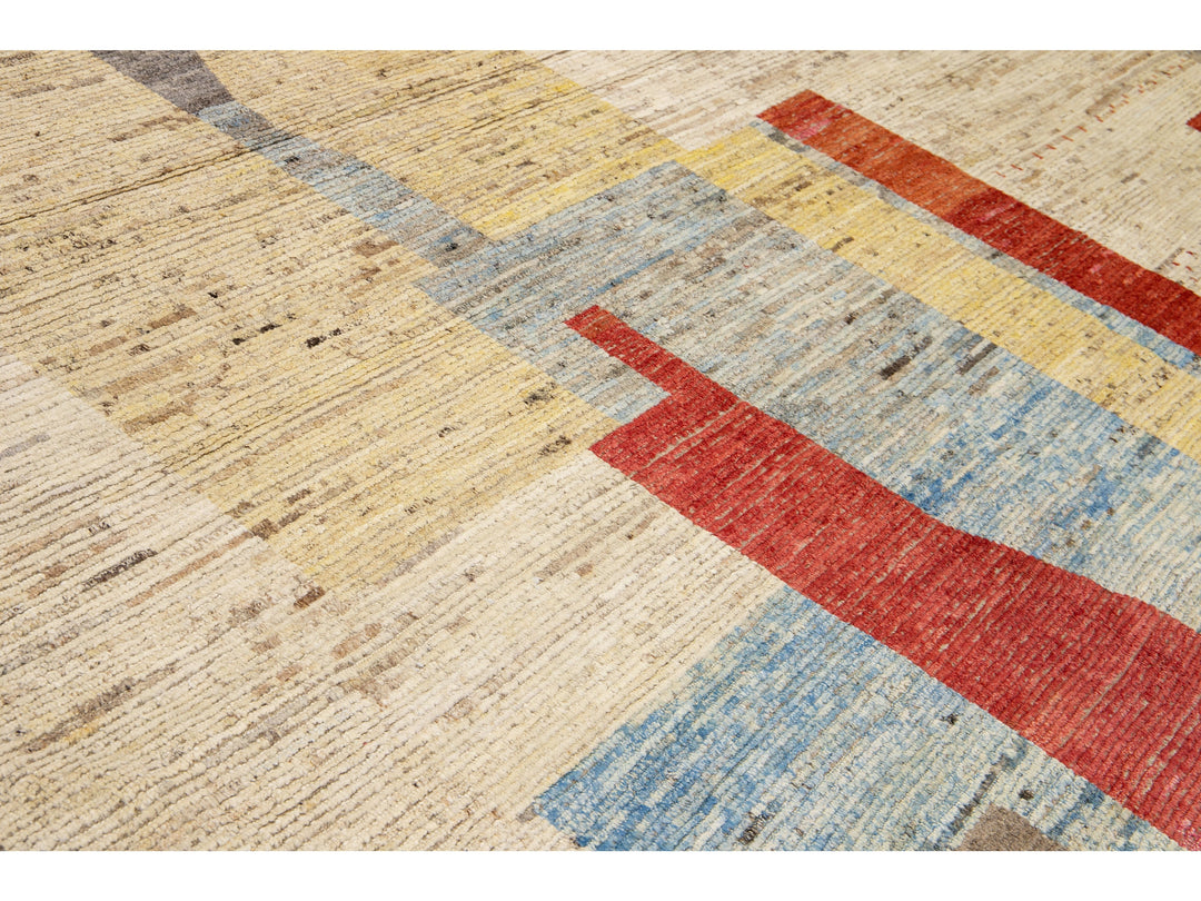 Modern Moroccan Style Handmade Multicolor Abstract Motif Boho Oversize Wool Rug