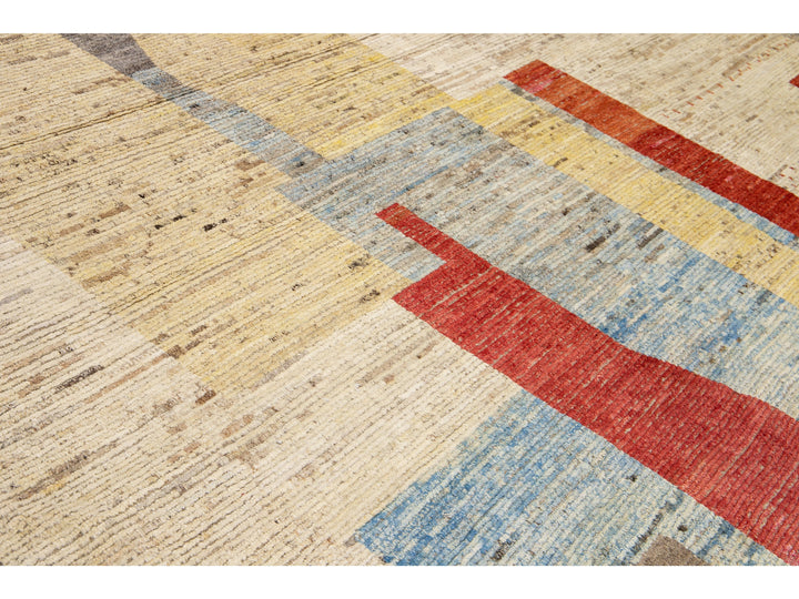 Modern Moroccan Style Handmade Multicolor Abstract Motif Boho Oversize Wool Rug