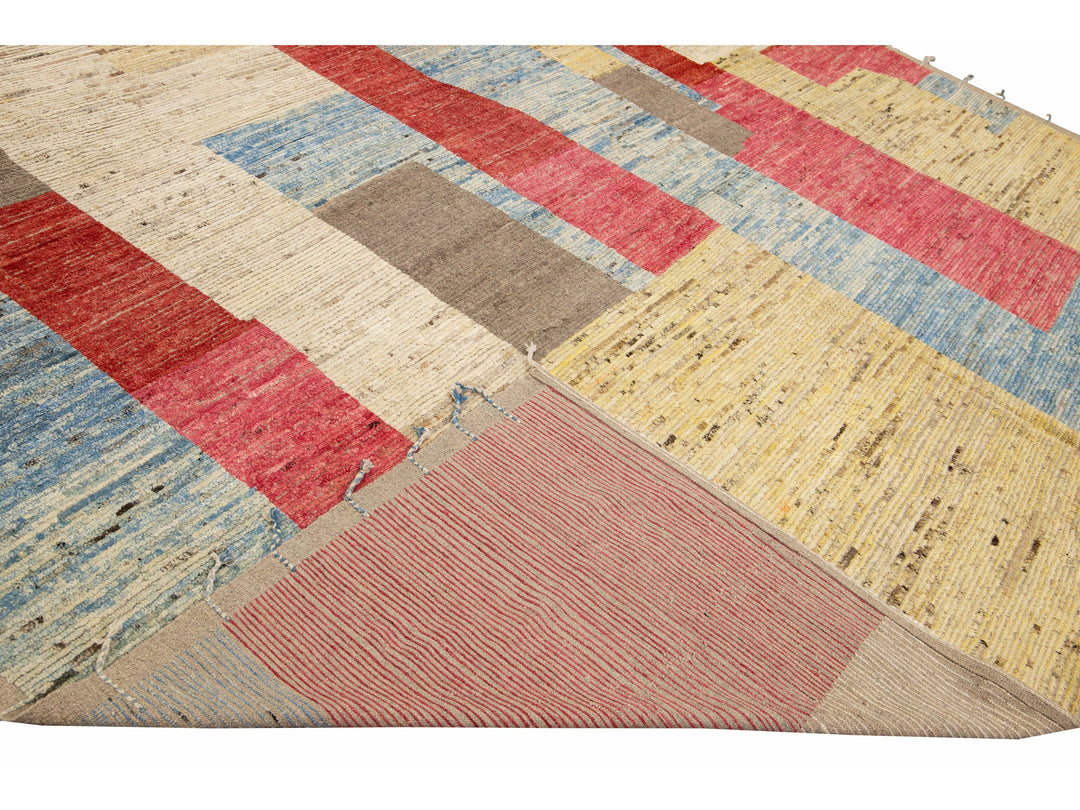 Modern Moroccan Style Handmade Multicolor Abstract Motif Boho Oversize Wool Rug