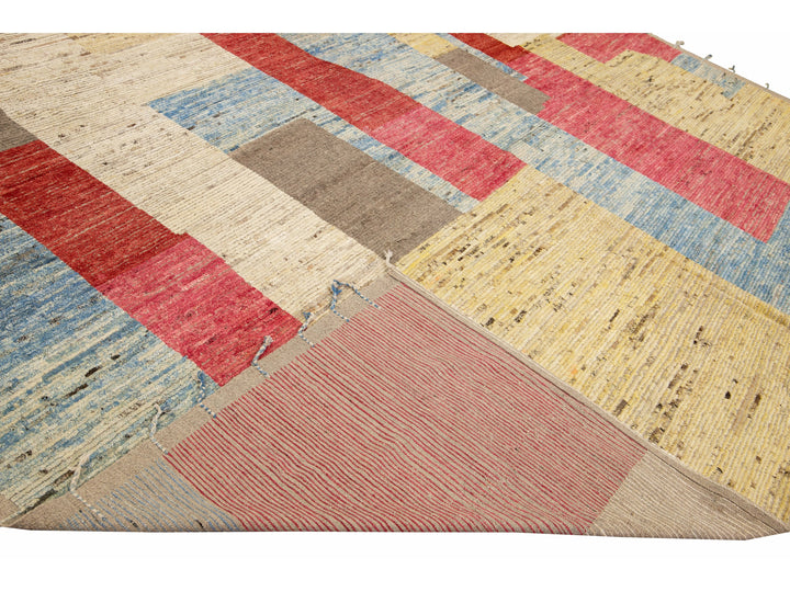 Modern Moroccan Style Handmade Multicolor Abstract Motif Boho Oversize Wool Rug